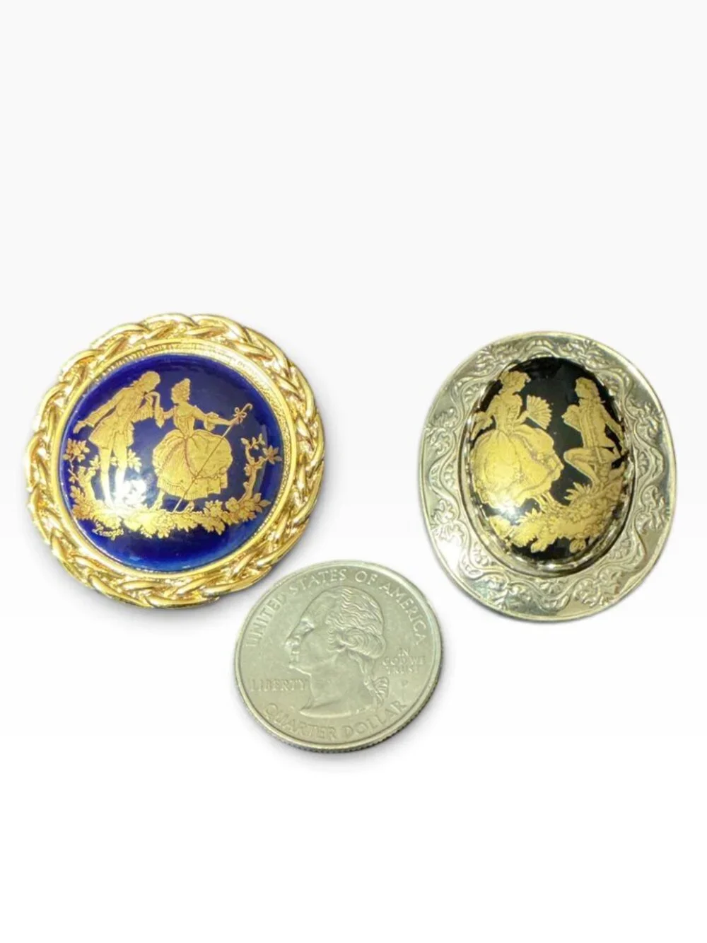Vintage Limoges Brooch Lot 2 Courting Couple Porcelain Glass Cabochon Pins